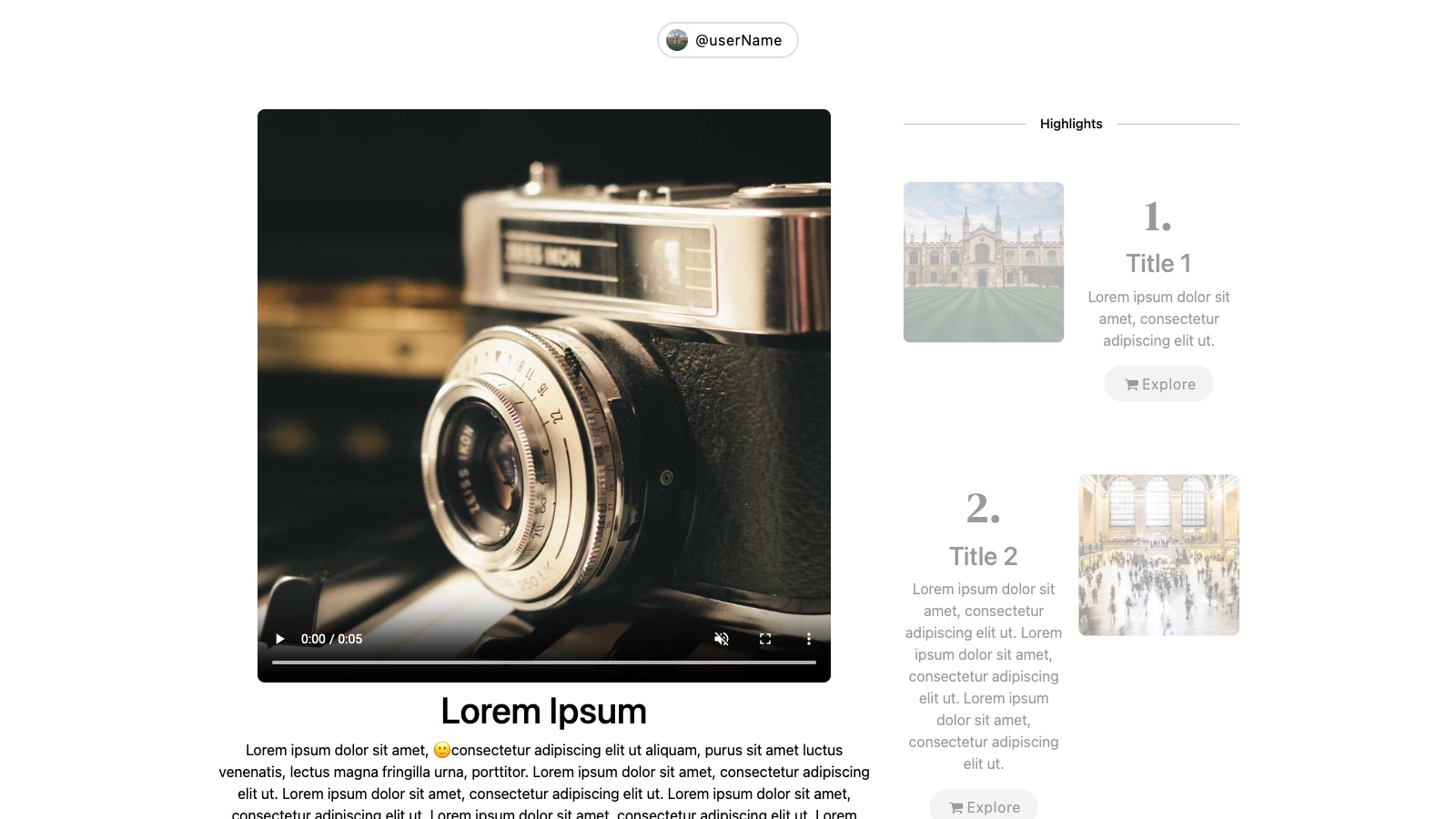 Cocoa creator profile in the browser — @userName badge at top, a vintage Zeiss Ikon camera as the centre video with title and copy below, and a Highlights sidebar on the right with stacked image cards.