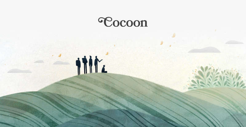 Cocoon's watercolor brand illustration — four silhouetted figures on a soft green hill (one seated), butterflies in flight, the Cocoon wordmark set in serif above.