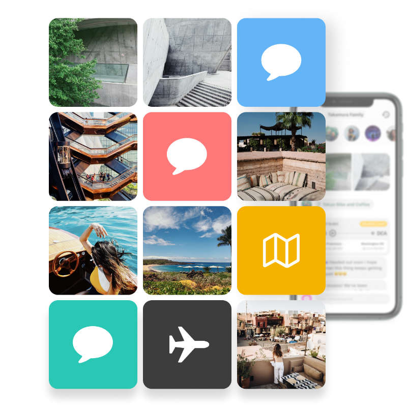 Marketing collage pitching the kinds of close-knit moments Cocoon is for — tiles of architecture and travel photos paired with bold message-bubble icons on blue, red, green and teal, the app's home feed peeking in from a phone on the right.