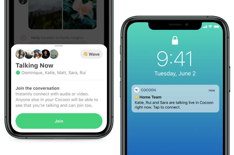 Cocoon's live-talk feature on two iPhones — left phone shows a 'Talking Now' card with friend avatars and a green Join button; right phone shows the lock-screen alert 'Home Team — Katie, Rui and Sara are talking live in Cocoon right now. Tap to connect.'