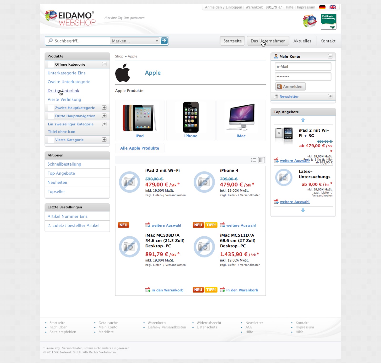 Eidamo platform template page — Apple-products demo storefront with left-rail category tree, a product grid (iPad, iPhone, Mac), best-sellers panel, and the account / cart rail on the right; the master CSS template that every tenant shop inherits from.