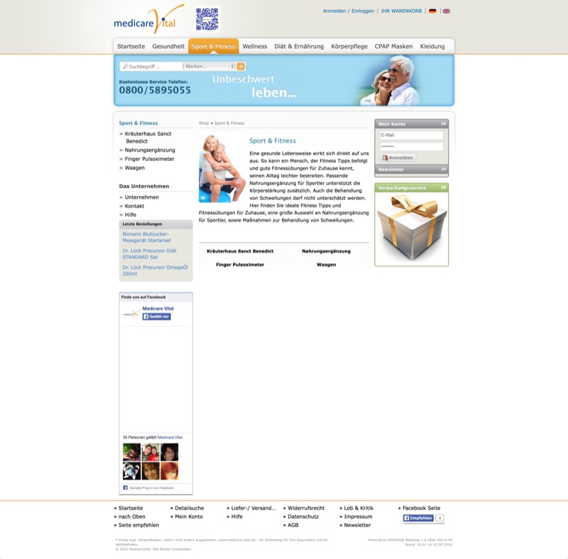 medicare Vital storefront — pharma and supplements, blue brand palette, Sport & Fitness category landing with a featured article and product list.