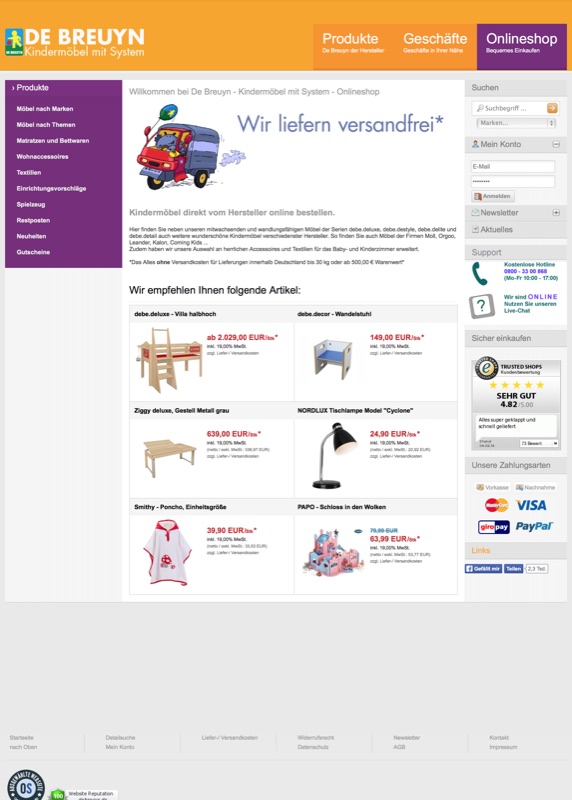 De Breuyn Kindermöbel storefront — children's furniture, yellow / purple brand palette, featured product grid (cot, lamp, drawing table, jewellery boxes).