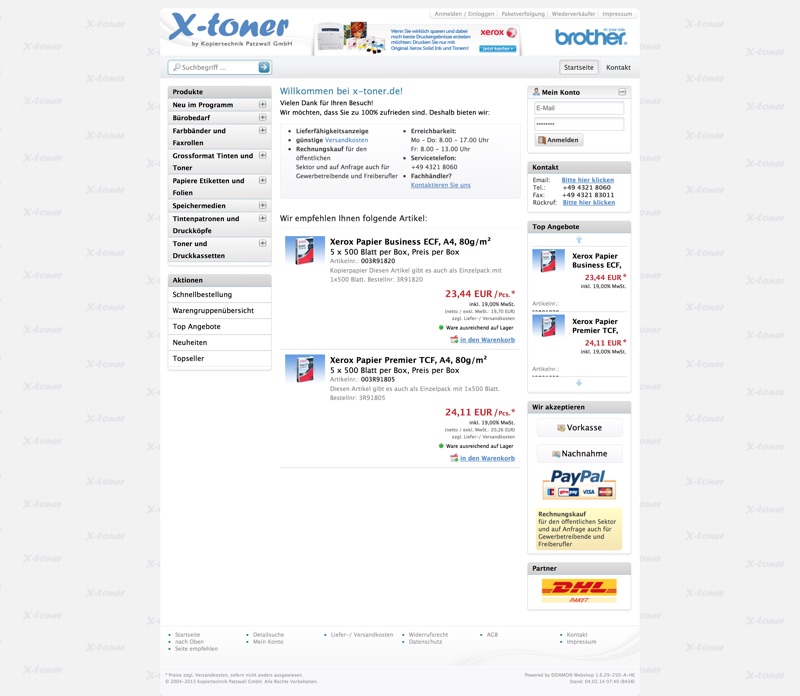 X-Toner storefront — printer cartridges and B2B office supply, blue Brother-branded header, Xerox paper product cards with cross-sell rail.