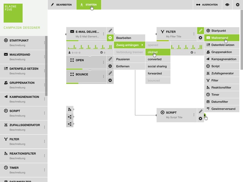 Light-mode variant of the Campaign Designer canvas with an Email Delivery node and an Add-Branch contextual menu.