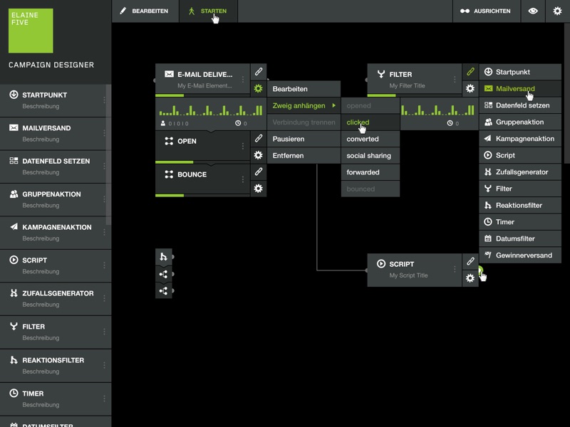 Detail of the dark-mode Campaign Designer canvas — Script node with code editor, hot-path connectors, heatmap step colouring.