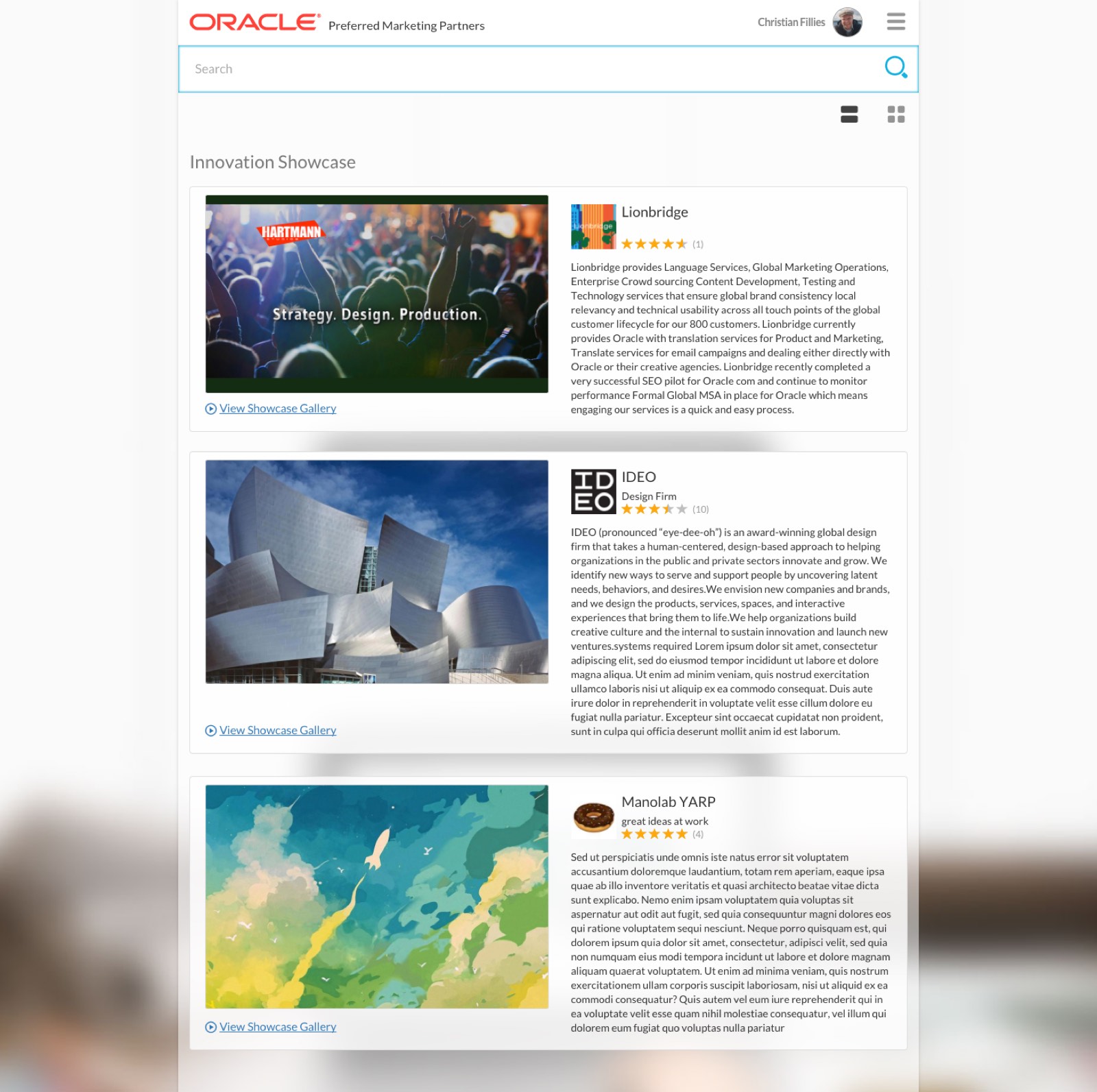 Oracle Preferred Marketing Partners — desktop Innovation Showcase view with cards for Lionbridge, IDEO, and Manolab YARP, each with star rating, body copy, and a View Showcase Gallery link.