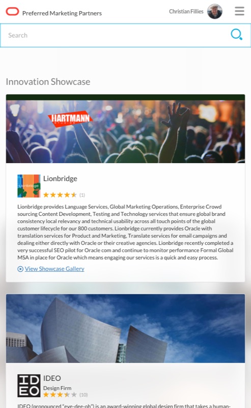 Mobile responsive Innovation Showcase view — Hartmann strategy.design.production banner and Lionbridge card stacked vertically.