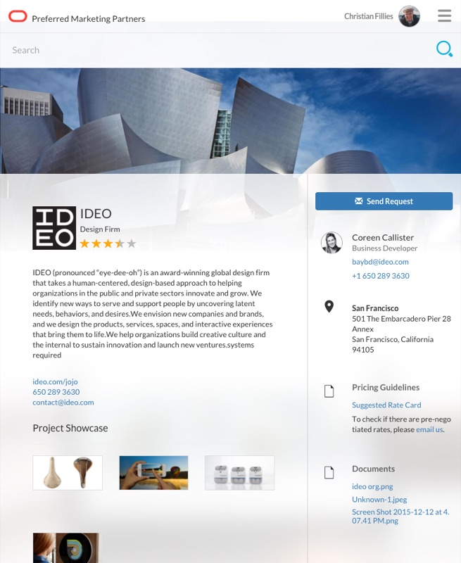 IDEO partner detail page on tablet — Disney Concert Hall hero photo, Design Firm star rating, contact panel with Carsen Callister.