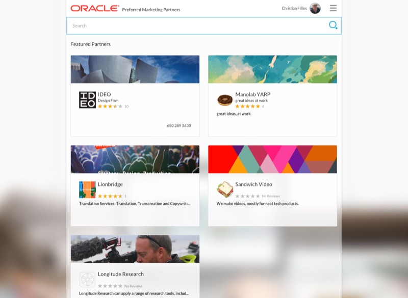 Desktop Featured Partners grid — IDEO Design Firm, Manolab YARP, Lionbridge, Sandwich Video, Longitude Research cards.