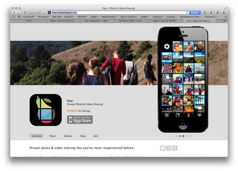 sharewithpear.com landing page in a browser — header video banner of friends walking in nature, the Pear app icon and 'Private Photo & Video Sharing' headline, App Store badge, and an iPhone mockup with the photo grid.