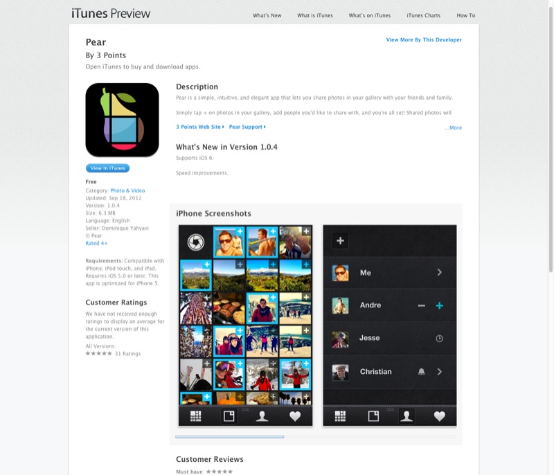iTunes Preview page for Pear v1.0.4 (Sept 2012) — &lsquo;Pear is a simple, intuitive, and elegant app that lets you share photos in your gallery&hellip;&rsquo; with three iPhone screenshots showing the photo grid and activity feed.