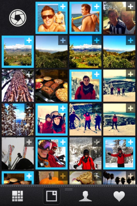 Pear iPhone photo grid — full-screen mosaic of personal photos with a blue + button on each, ready to tap and share with the people you pick.