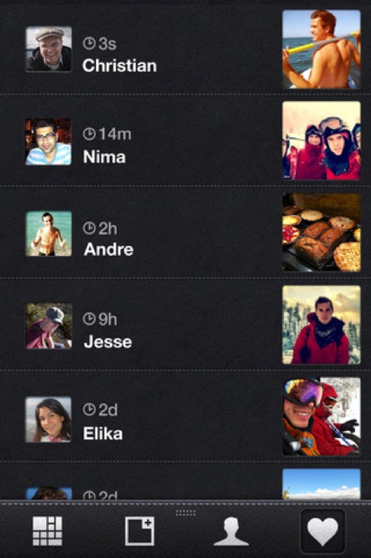Pear iPhone activity feed showing the contacts you share with (Christian 3s, Nima 14m, Andre 2h, Jesse 9h, Elika 2d) with a thumbnail of their latest shared photo on the right.