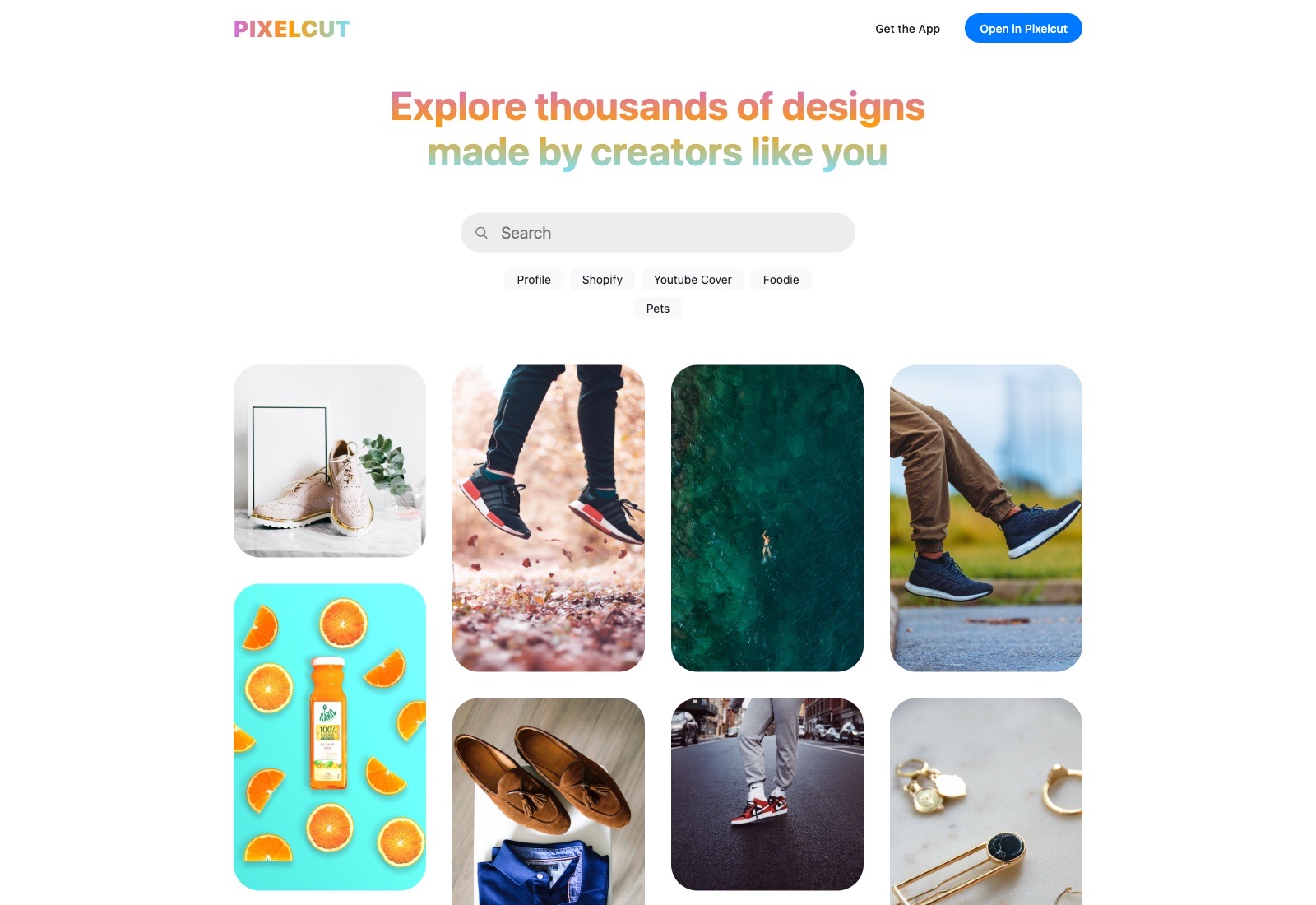 Pixelcut Discover landing page — gradient headline 'Explore thousands of designs made by creators like you' above a search bar, category chips (Profile, Shopify, Youtube Cover, Foodie, Pets), and a masonry grid of community-made templates.