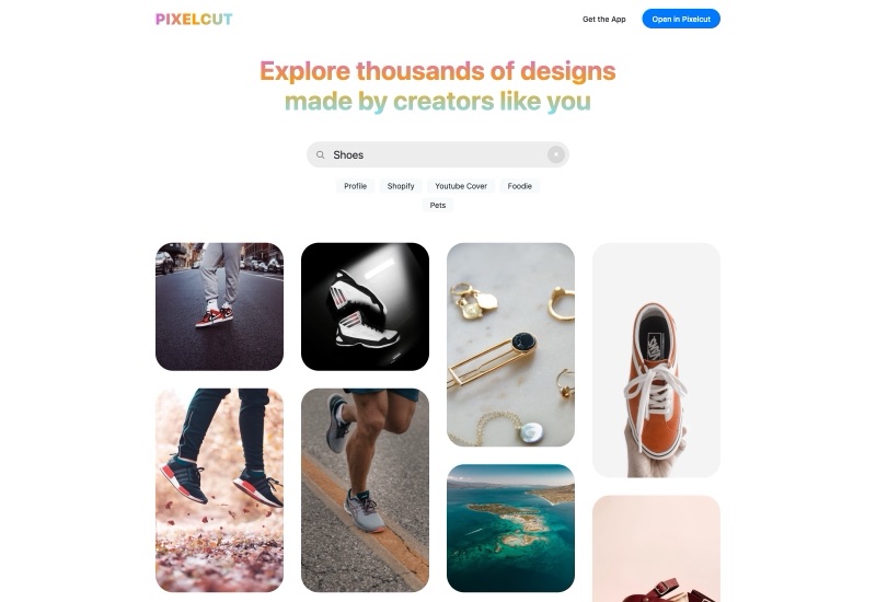 Same gallery filtered by a 'Shoes' search — sneaker, runner, and dress-shoe layouts surface from the community catalog.