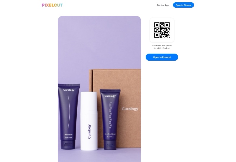 Detail view of a single template — a Curology skincare set on lavender — paired with a 'Scan with your phone to edit in Pixelcut' QR code that hands off to the iOS app.
