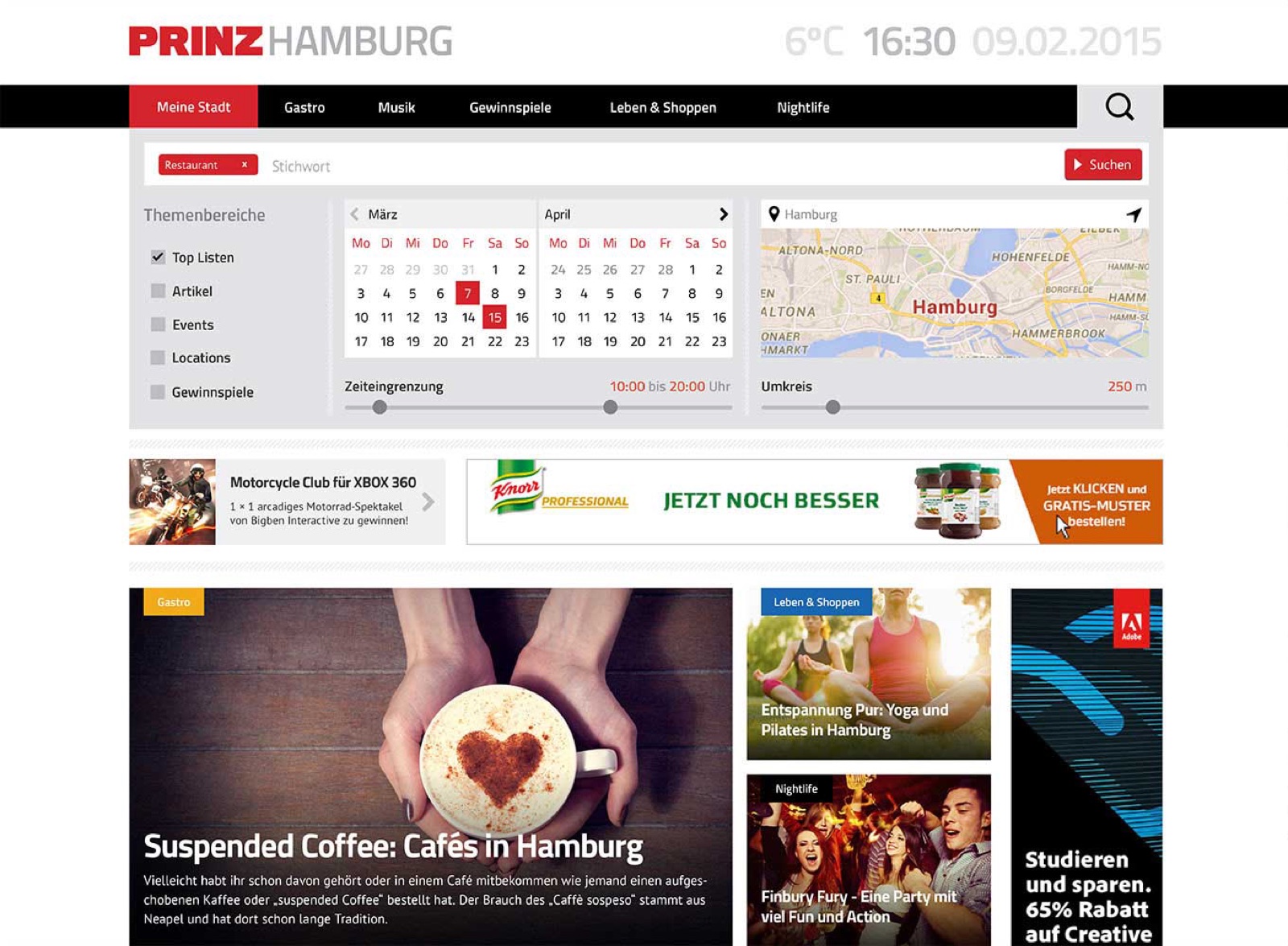 PRINZ Magazin city portal — red wordmark, weather and date row, primary nav (Meine Stadt · Gastro · Musik · Giveaways · Leben & Shoppen · Nightlife), and a search-and-filter hero with theme-area checkboxes, a two-month calendar, and a Hamburg map with a 250&nbsp;m radius marker.