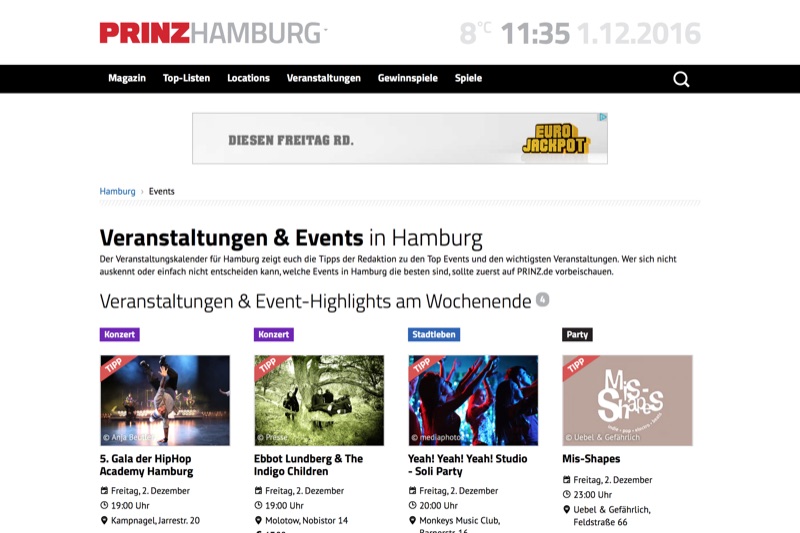 Another scroll region of the concept — large editorial tiles laid out in PRINZ's two-column rhythm, with ad slots interspersed in the right rail.