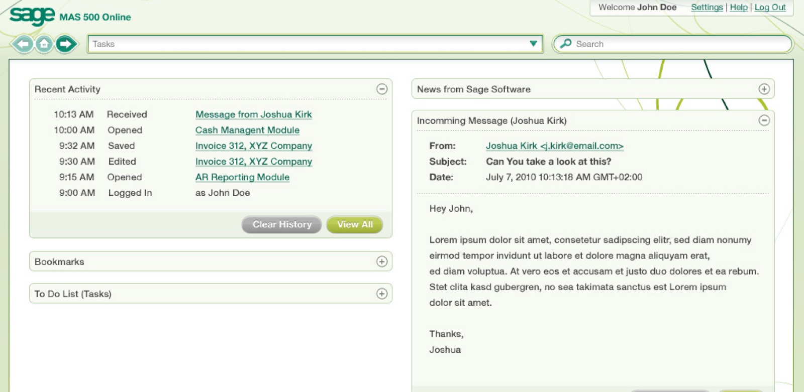 Sage MAS 500 Online dashboard &mdash; Sage green wordmark, Tasks and Search bars in the diamond task-bar, a Recent Activity feed (Received, Opened, Saved, Edited, Logged In timestamps linked to Invoices and Reports), Bookmarks and To Do List panels on the left, and a News from Sage Software panel on the right with an incoming message from Joshua Kirk; corporate vine motif curling along the right edge.