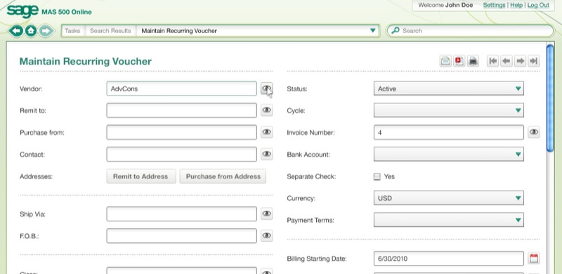 Maintain Recurring Voucher form &mdash; two-column field grid (Vendor, Remit to, Purchase from, Contact, Addresses, Ship Via, F.O.B. … Status, Cycle, Invoice Number, Bank Account, Separate Check, Currency, Payment Terms, Billing Starting Date), every input paired with an eye-icon detail toggle.
