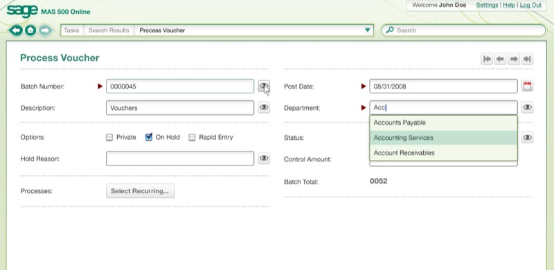 Process Voucher form with an open Department autocomplete dropdown (Accounts Payable, Accounting Services, Account Receivables); Batch Number, Description, Options (Private / On Hold / Rapid Entry), Hold Reason, Status, Control Amount, Batch Total &mdash; the dense vocabulary of accounting paperwork.