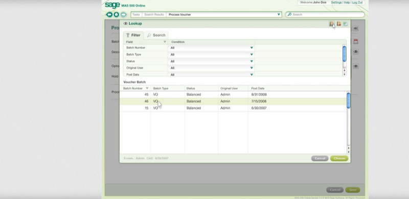Lookup modal overlay floating over the Process Voucher screen &mdash; Voucher Batch list filtered by Batch Number, Batch Type, Status, Original User and Post Date, with three rows (45, 46, 15 &mdash; all Balanced, all Admin); Cancel and Choose actions at the bottom.