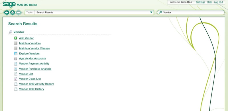 Search Results for &lsquo;Vendor&rsquo; &mdash; a clean list of every related task in the system (Add Vendor, Maintain Vendors, Maintain Vendor Classes, Explore Vendors, Age Vendor Accounts, Vendor Payment Activity, Vendor Purchase Analysis, Vendor List, Vendor Class List, Vendor 1099 Activity Report, Vendor 1099 History) with task-type icons.