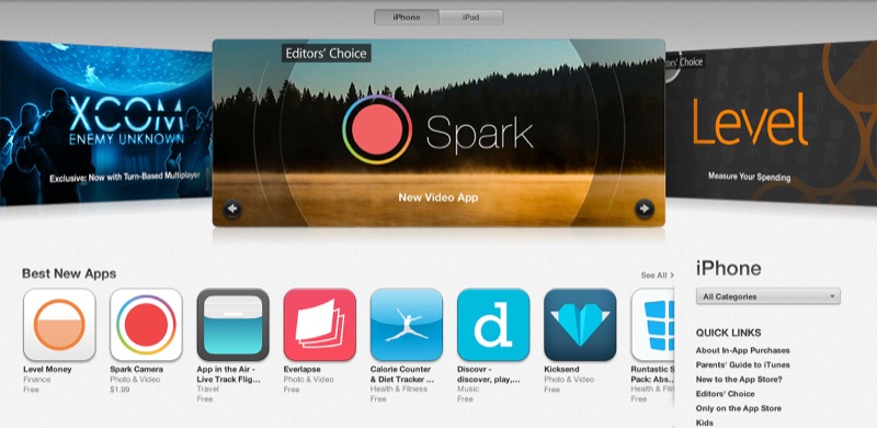 Spark Camera featured on the iPhone App Store next to XCOM and Levels.