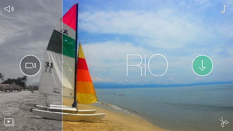 In-app scene from a sailing video titled RIO with overlay controls.